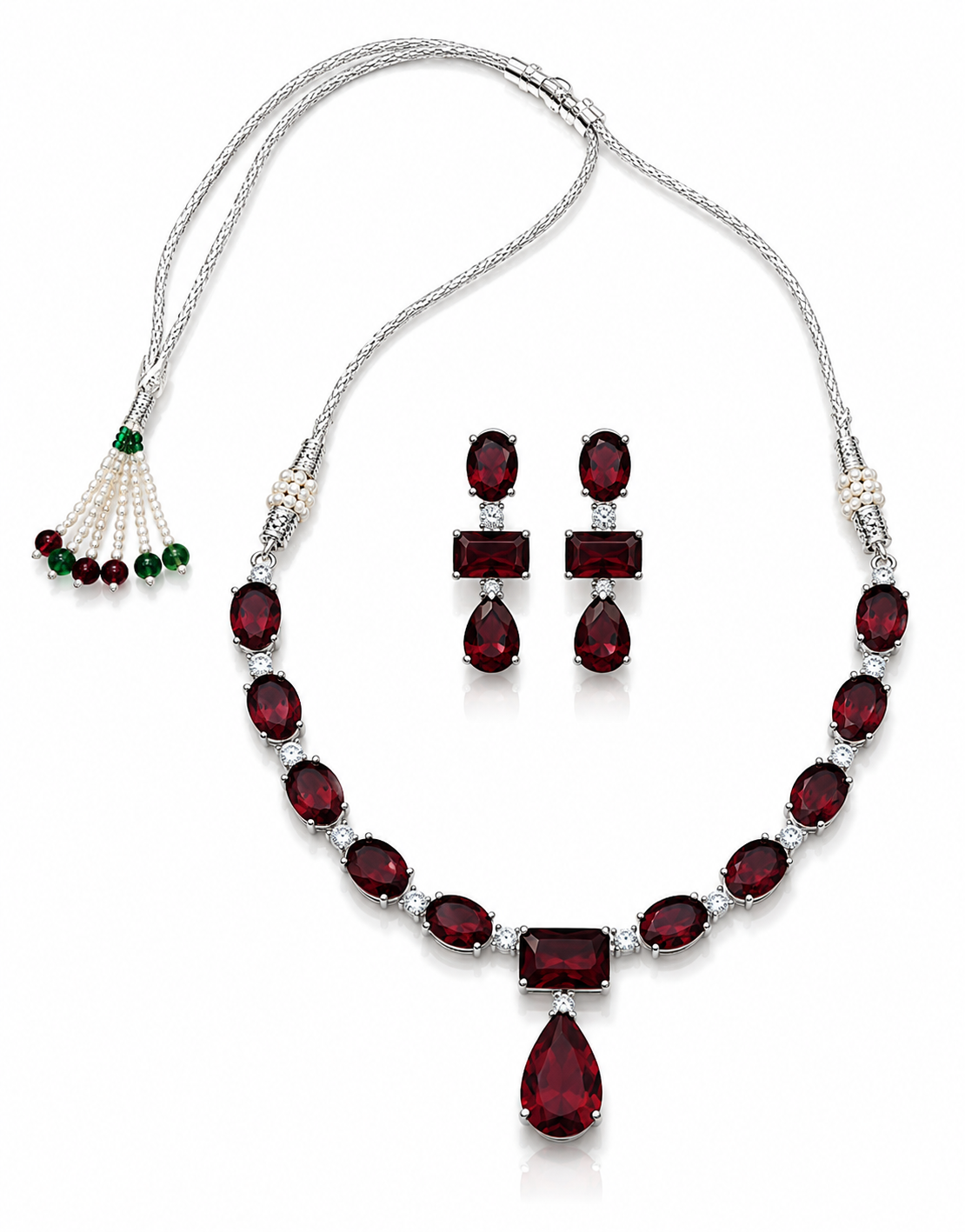 Silver-Toned Deep Burgundy Red Stone Necklace & Earring Set