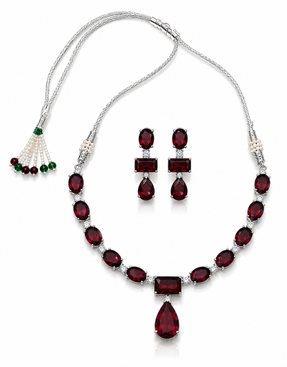 Silver-Toned Deep Burgundy Red Stone Necklace & Earring Set