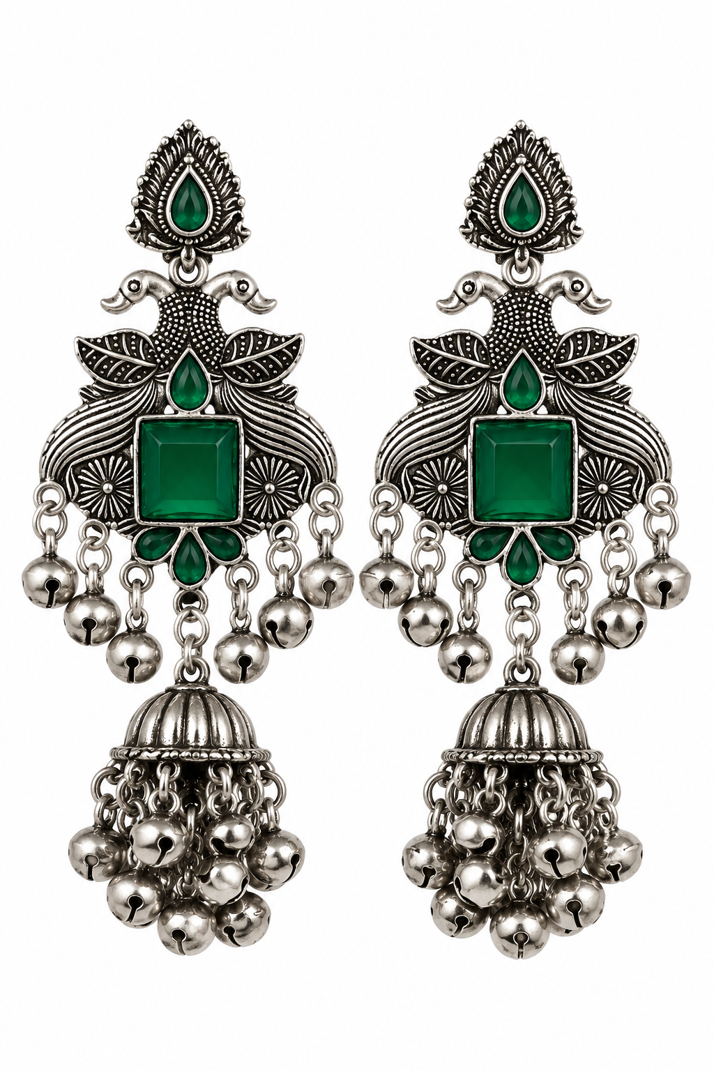 Premium Oxidized Silver-Toned Emerald Green Peacock Jhumka Earrings