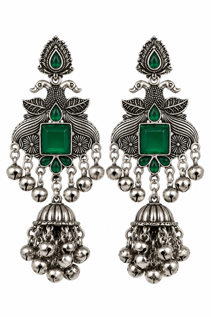 Premium Oxidized Silver-Toned Emerald Green Peacock Jhumka Earrings