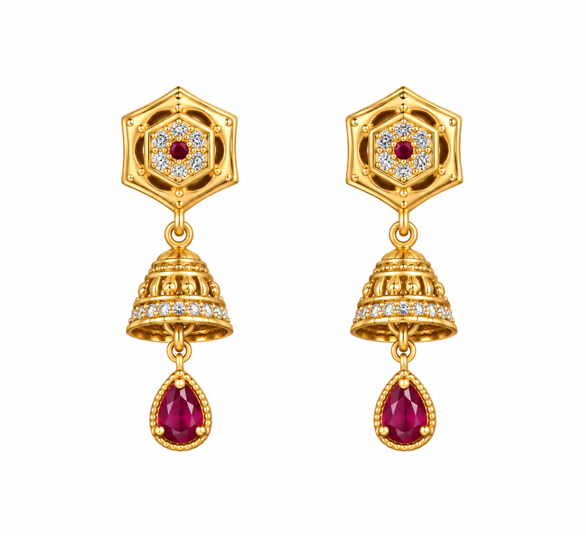 Premium Gold-Toned Jhumka Drop Earrings with Ruby Accents
