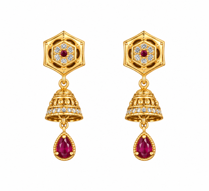 Premium Gold-Toned Jhumka Drop Earrings with Ruby Accents