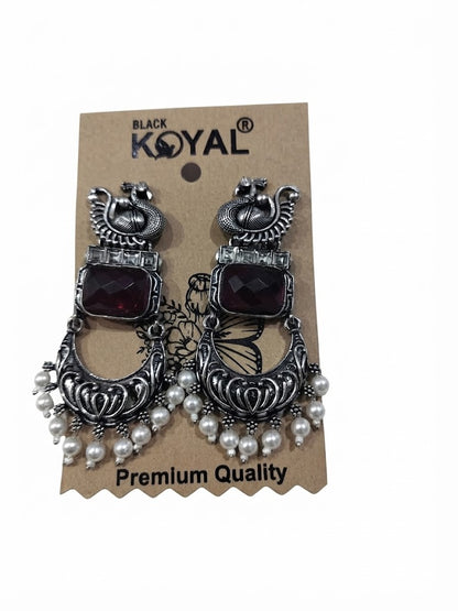 Premium Black Koyal Oxidized Silver Peacock Chandbali Earrings