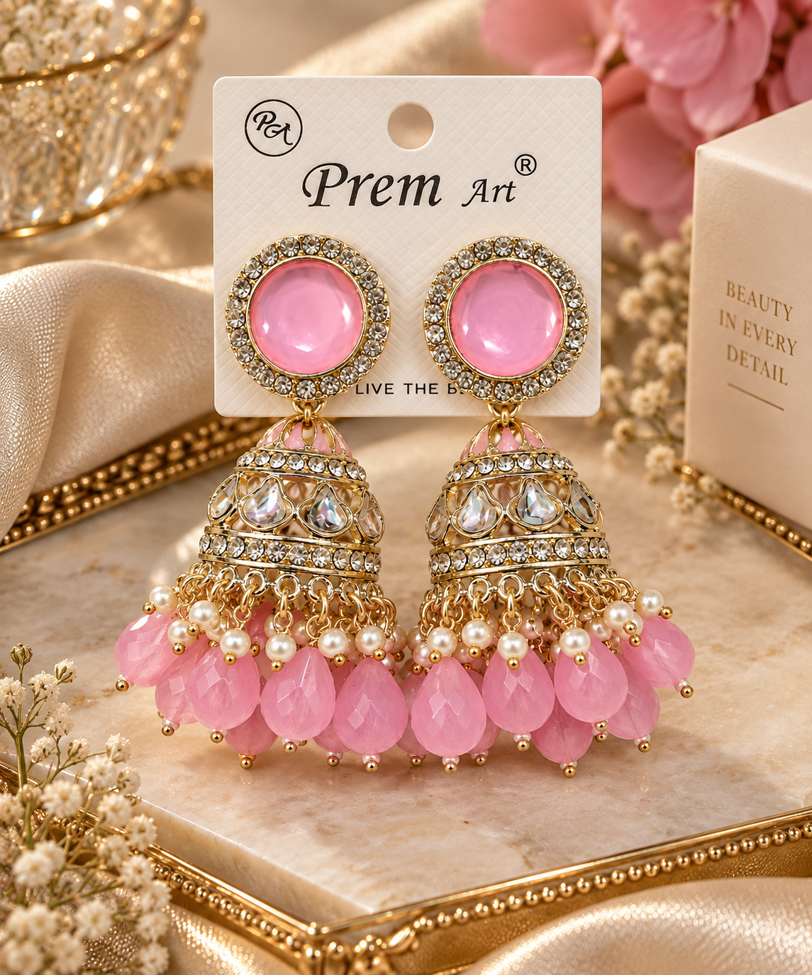 Pink Stone Gold-Toned Jhumka Earrings