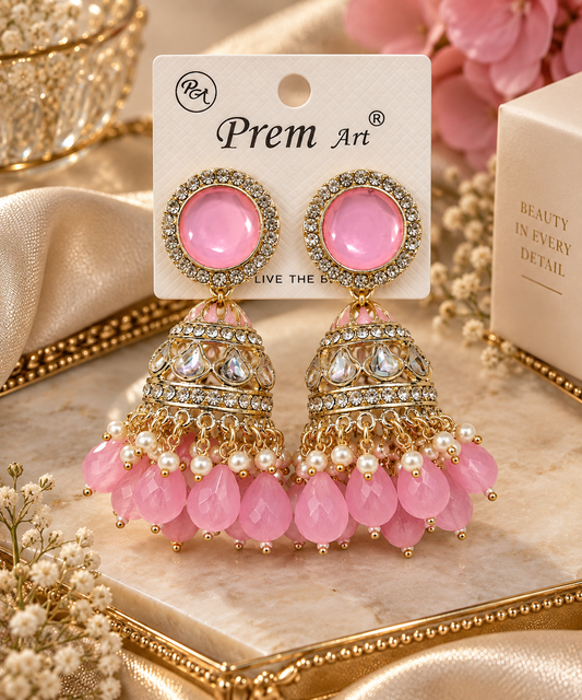 Pink Stone Gold-Toned Jhumka Earrings