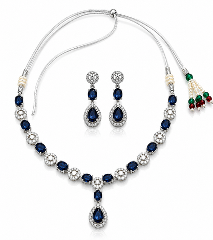 Elegant Silver-Toned Navy Blue Stone Necklace & Earring Set