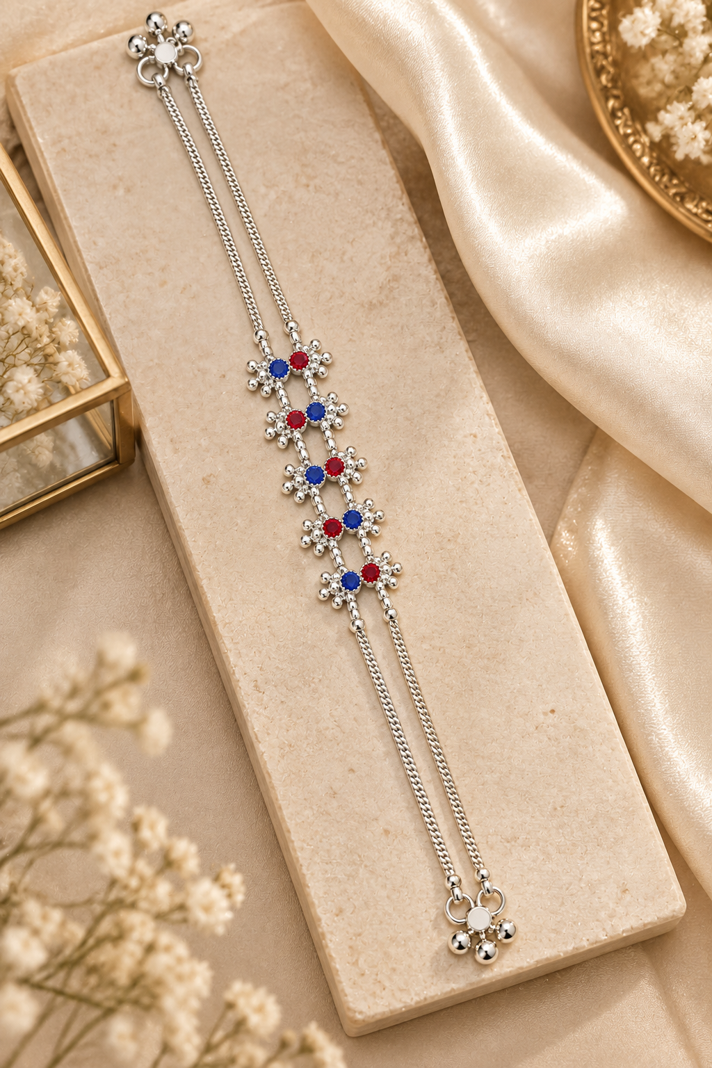 Silver-Toned Double-Chain Floral Payal