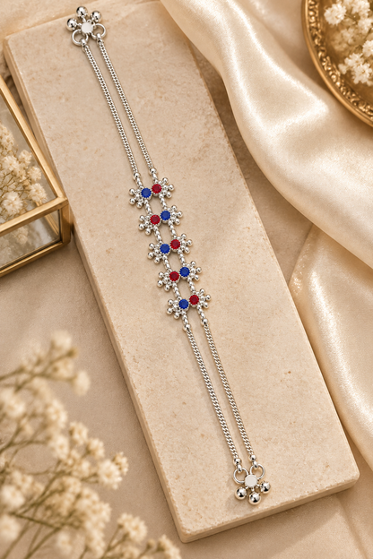 Silver-Toned Double-Chain Floral Payal