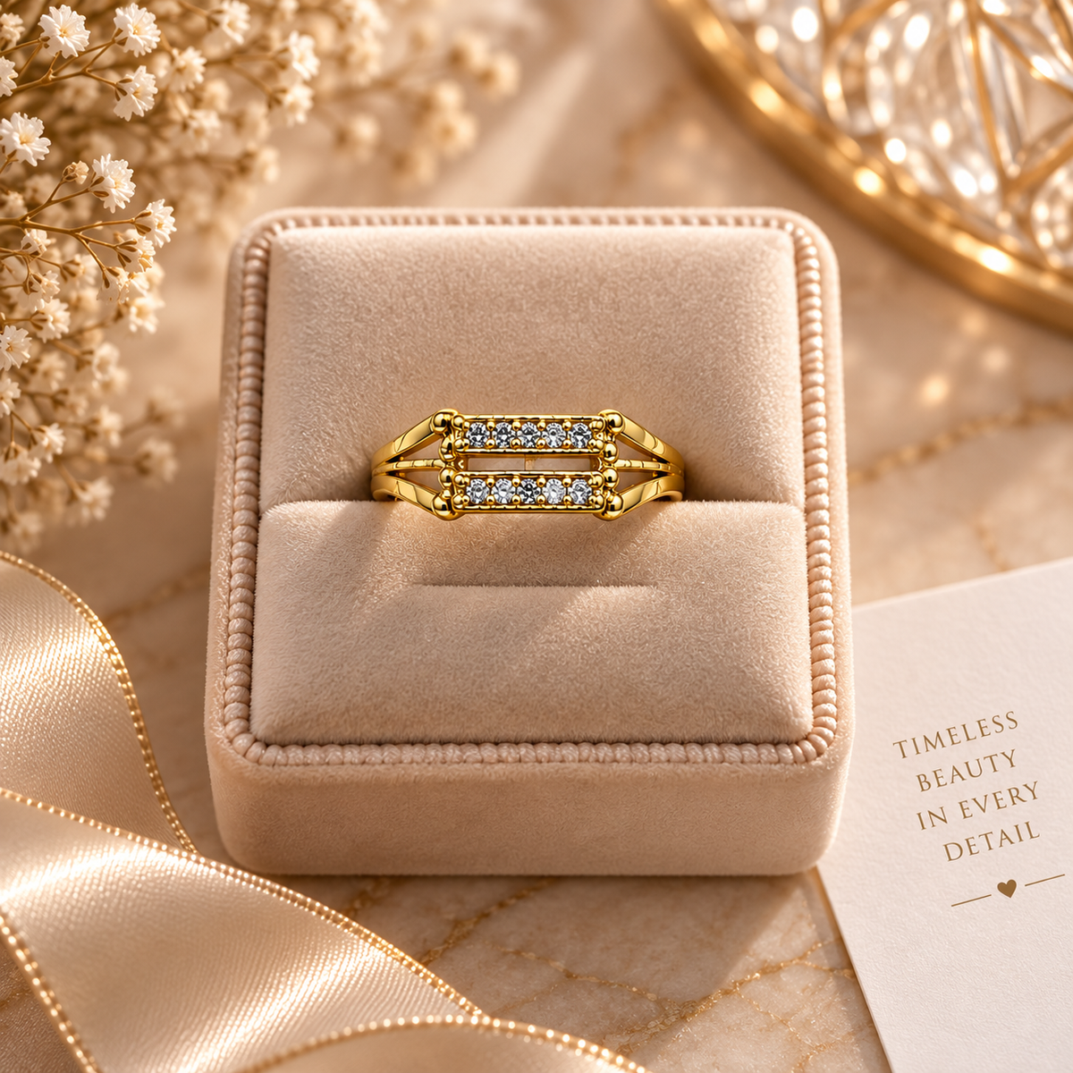 Gold-Toned Geometric Crystal Ring
