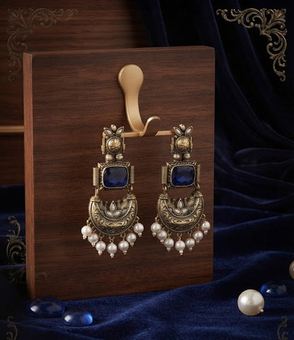 Premium Blue Crystal Antique Gold Chandbali Earrings