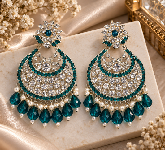 Premium Silver-Toned Teal Blue Crystal Chandbali Earrings with Pearl & Beaded Drop Embellishments