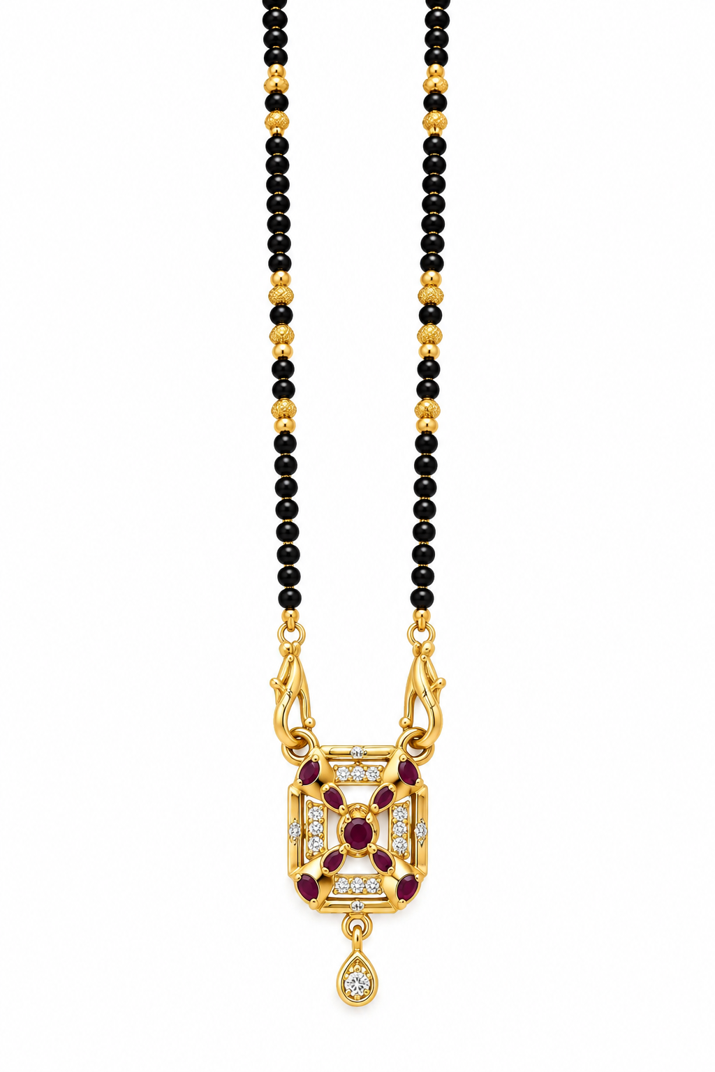 Elegant Black-Beaded Mangalsutra with Maroon Stone Pendant
