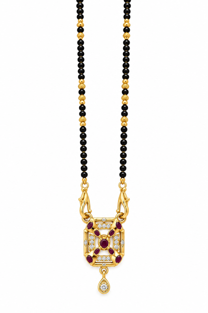 Elegant Black-Beaded Mangalsutra with Maroon Stone Pendant