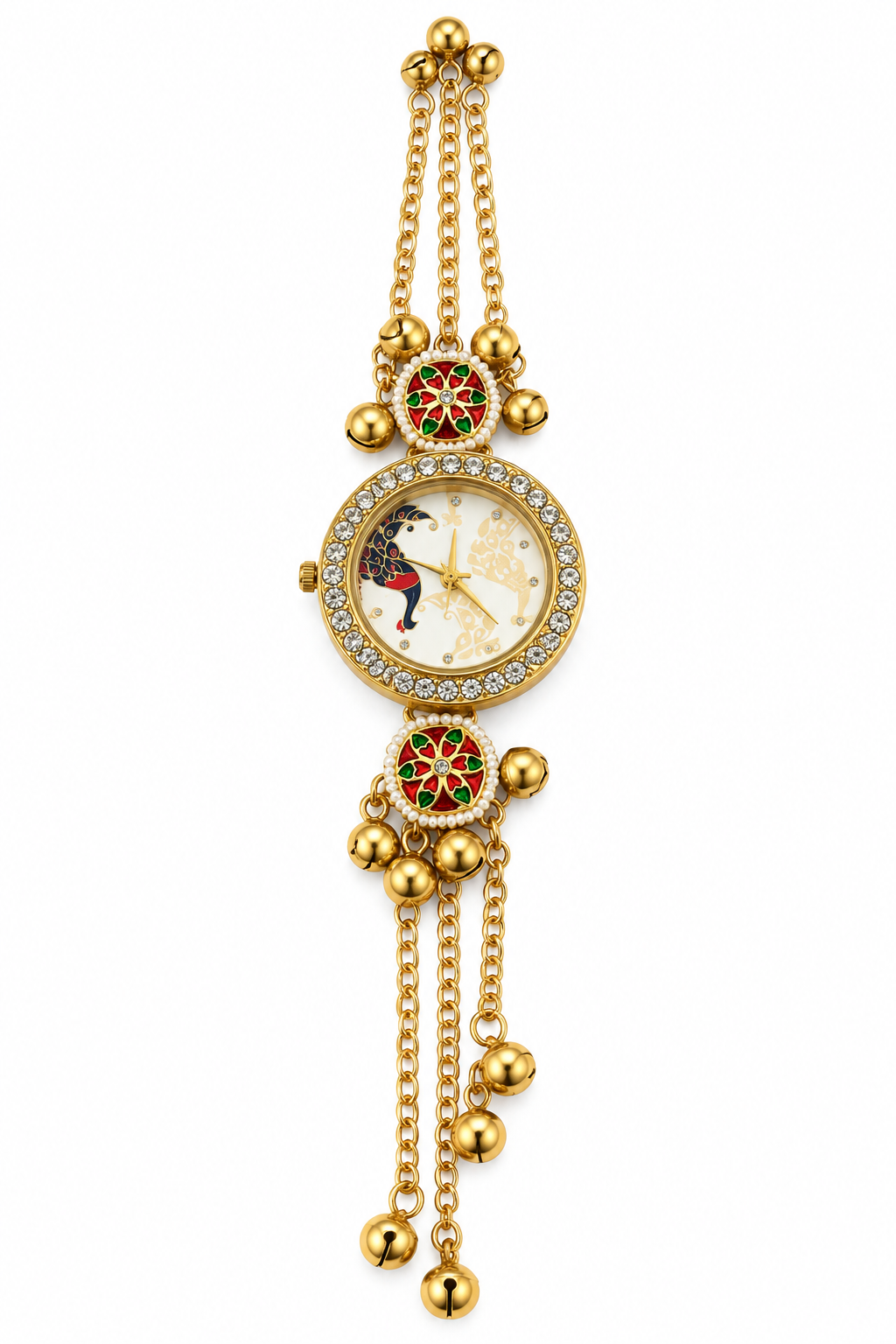 Elegant Gold-Toned Pendant Watch with Multicolor Floral Detailing