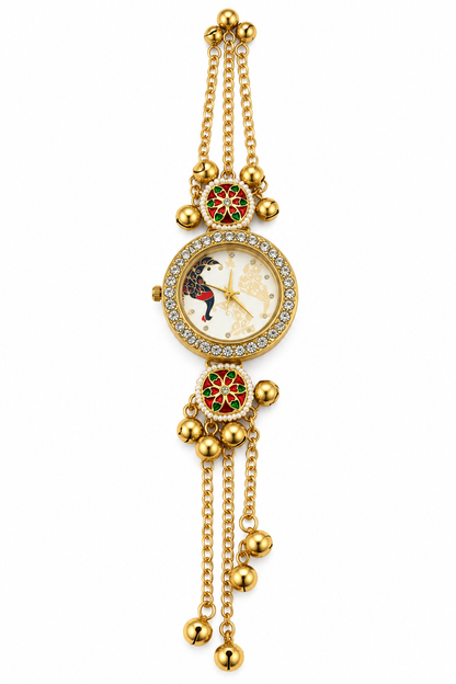 Elegant Gold-Toned Pendant Watch with Multicolor Floral Detailing