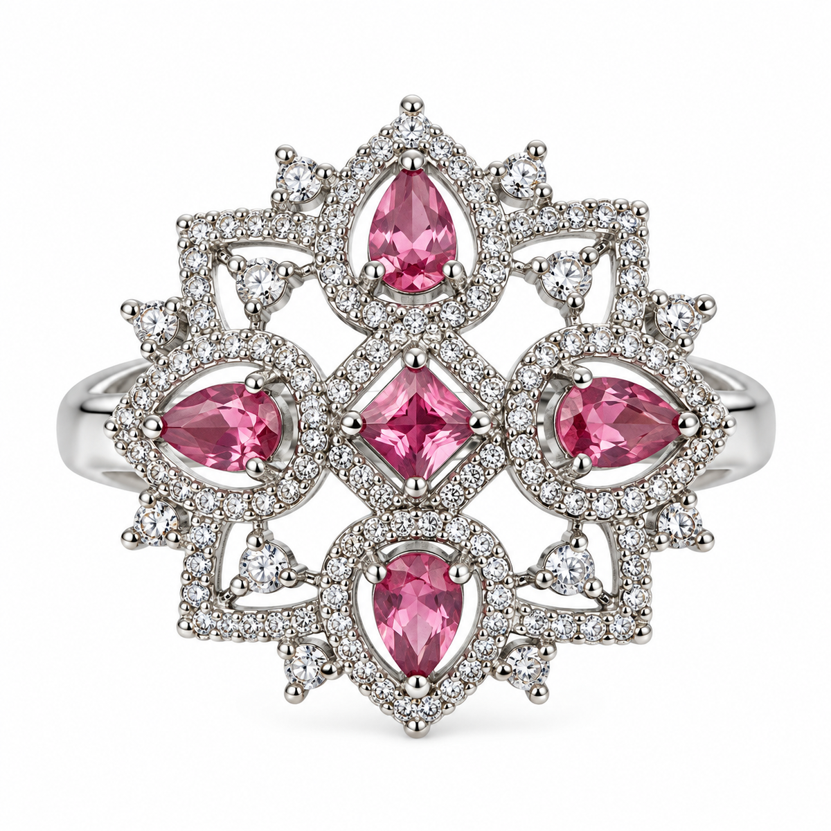 Silver-Toned Pink Floral Statement Ring