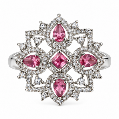 Silver-Toned Pink Floral Statement Ring