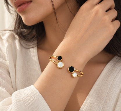 Premium Gold-Toned Black & White Dual-Tone Stone Cuff Bracelet