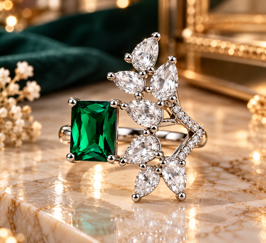 Premium Green Gemstone Floral Statement Ring