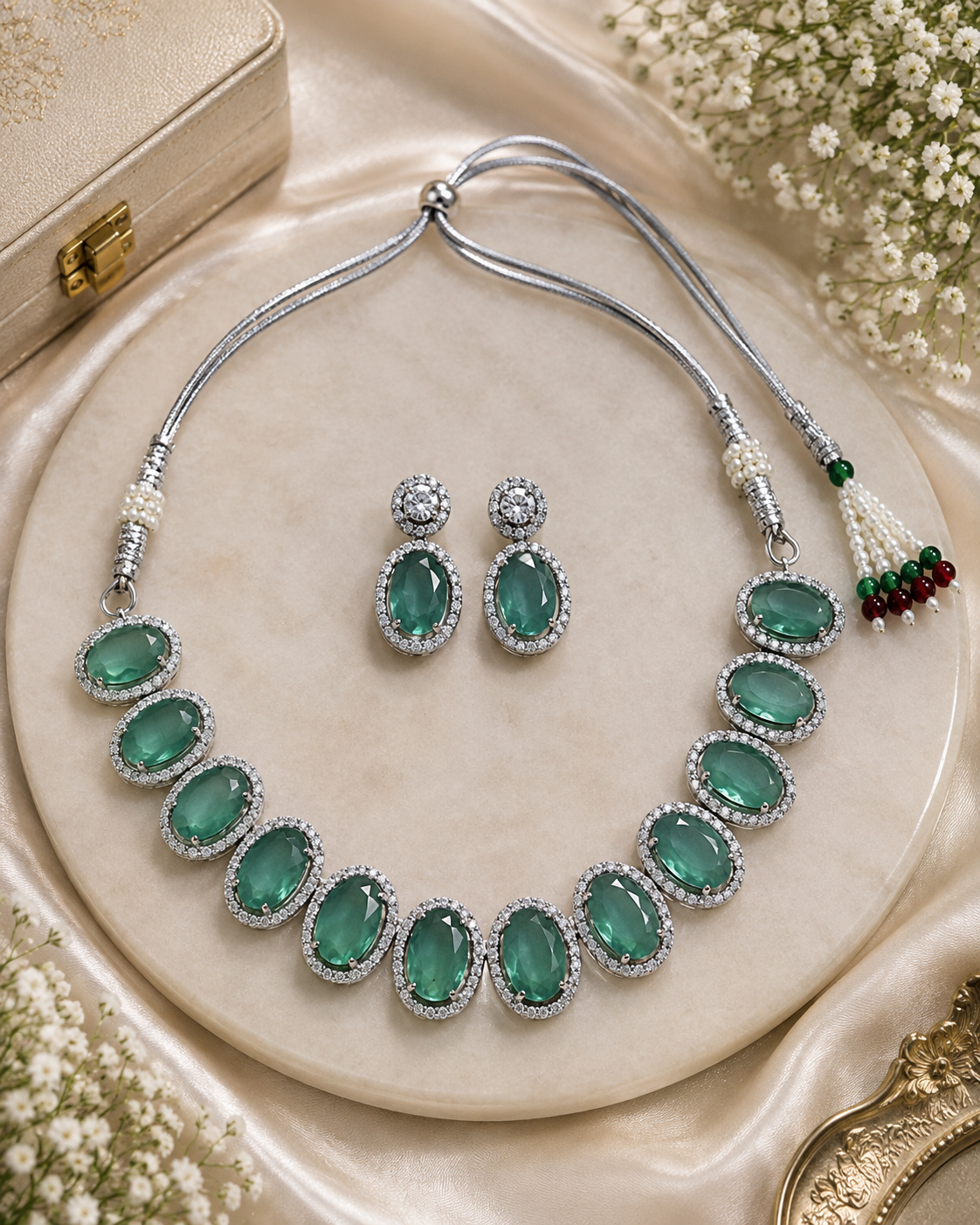 Elegant Silver-Toned Teal Green Stone Necklace & Earring Set