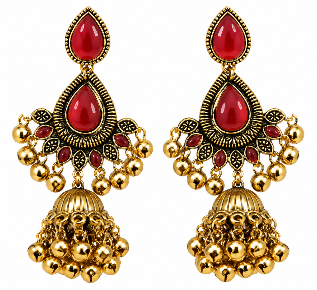 Premium Antique Gold-Toned Ruby Red Stone Chandelier Jhumka Earrings