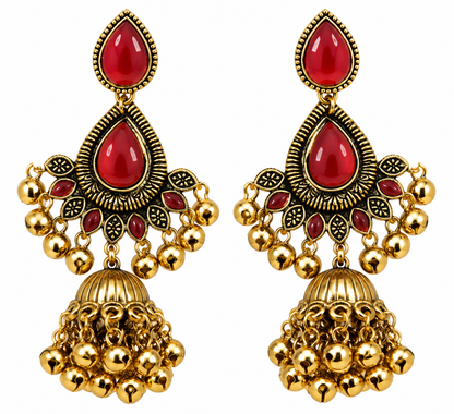 Premium Antique Gold-Toned Ruby Red Stone Chandelier Jhumka Earrings