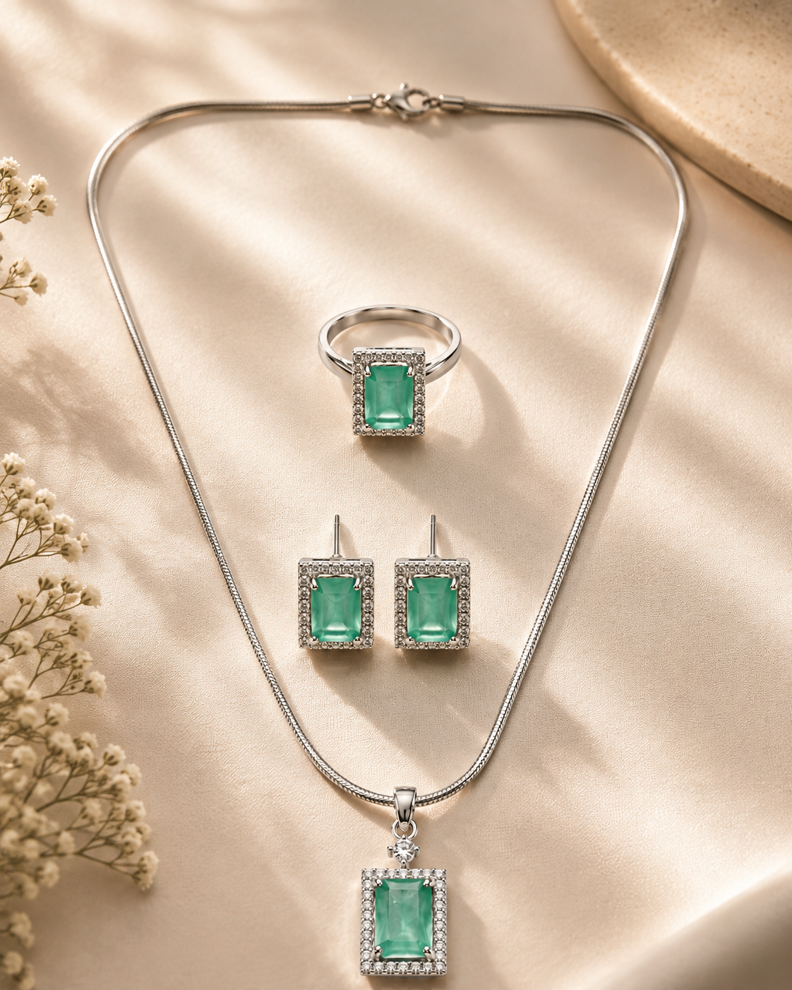 Elegant Mint Green Silver-Toned Pendant Set