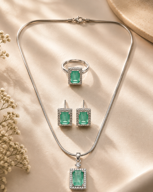 Elegant Mint Green Silver-Toned Pendant Set