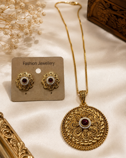 Antique Floral Medallion Pendant & Stud Set