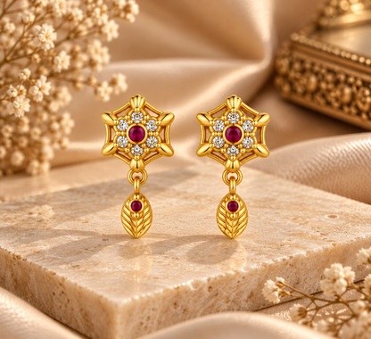 Elegant Gold-Toned Ruby Drop Stud Earrings