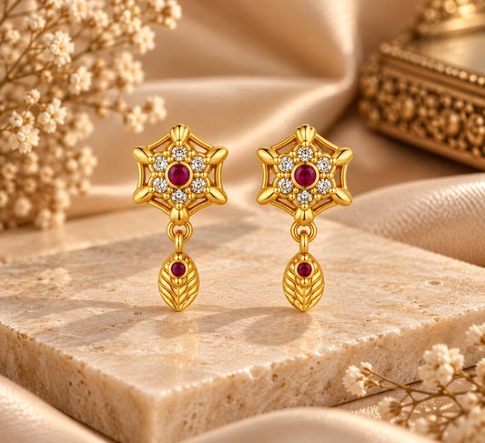 Elegant Gold-Toned Ruby Drop Stud Earrings