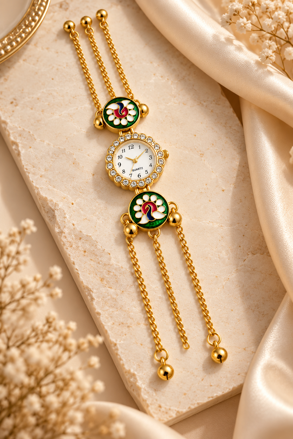 Gold-Toned Peacock-Themed Bracelet Watch