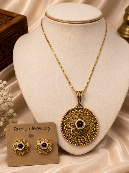 Antique Floral Medallion Pendant & Stud Set