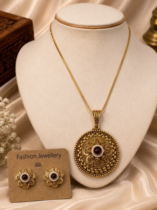 Antique Floral Medallion Pendant & Stud Set