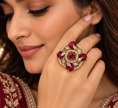Ruby Red Floral Cluster Statement Ring