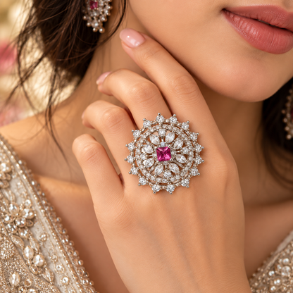 Silver-Toned Pink Stone Statement Ring
