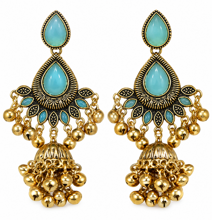 Premium Antique Gold-Toned Turquoise Stone & Bell Jhumka Earrings