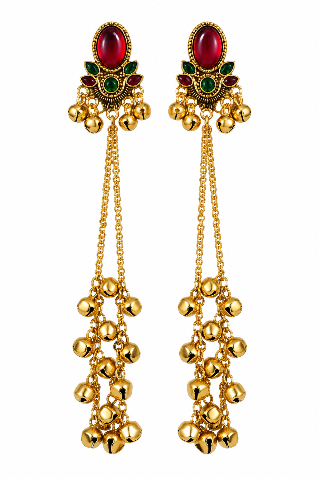 Premium Gold-Toned Multicolour Stone Long Chain Jhumka Earrings
