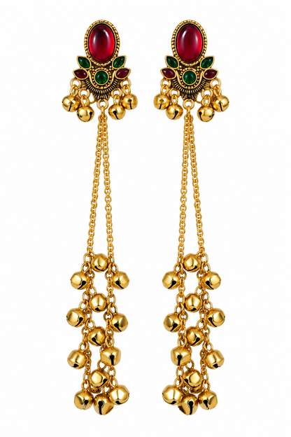 Premium Gold-Toned Multicolour Stone Long Chain Jhumka Earrings