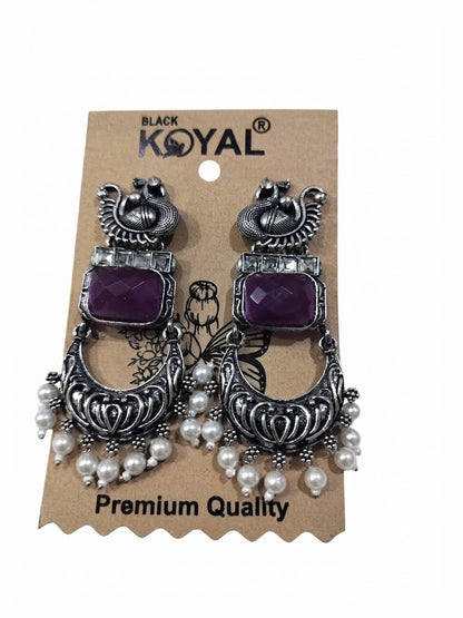 Premium Purple Stone Oxidised Silver Peacock Chandbali Earrings