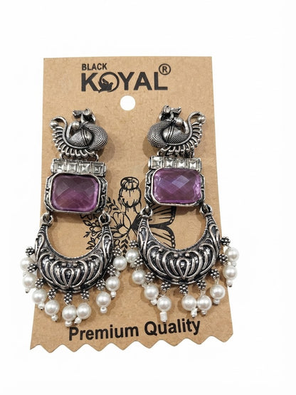 Premium Oxidized Silver Peacock-Inspired Purple Stone Statement Earrings