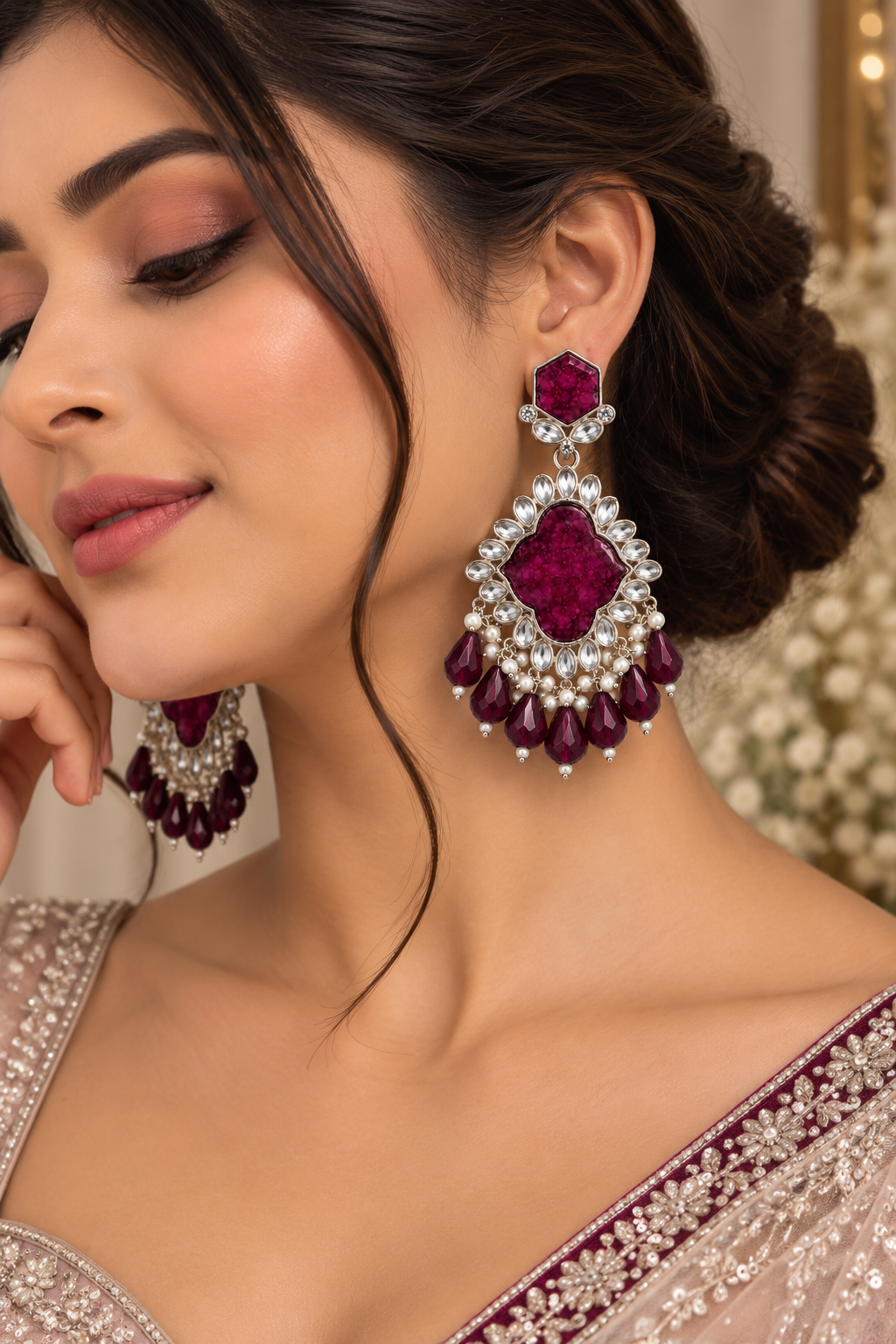 Premium Silver-Toned Burgundy Stone Statement Earrings