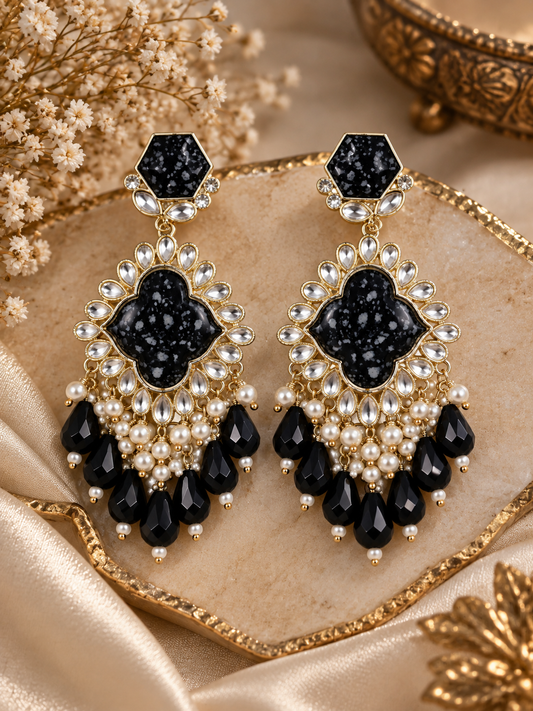 Premium Silver-Toned Black Stone Statement Drop Earrings