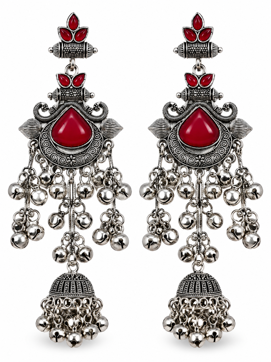 Premium Oxidized Silver-Toned Red Stone Chandelier Jhumka Earrings