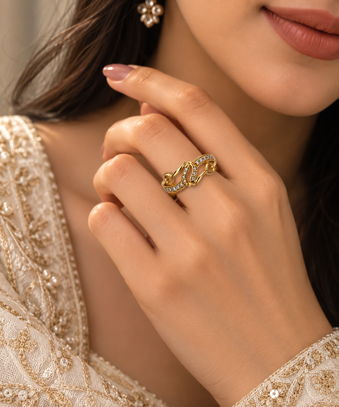 Gold-Toned Crystal Ribbon Statement Ring