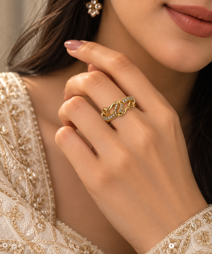Gold-Toned Crystal Ribbon Statement Ring