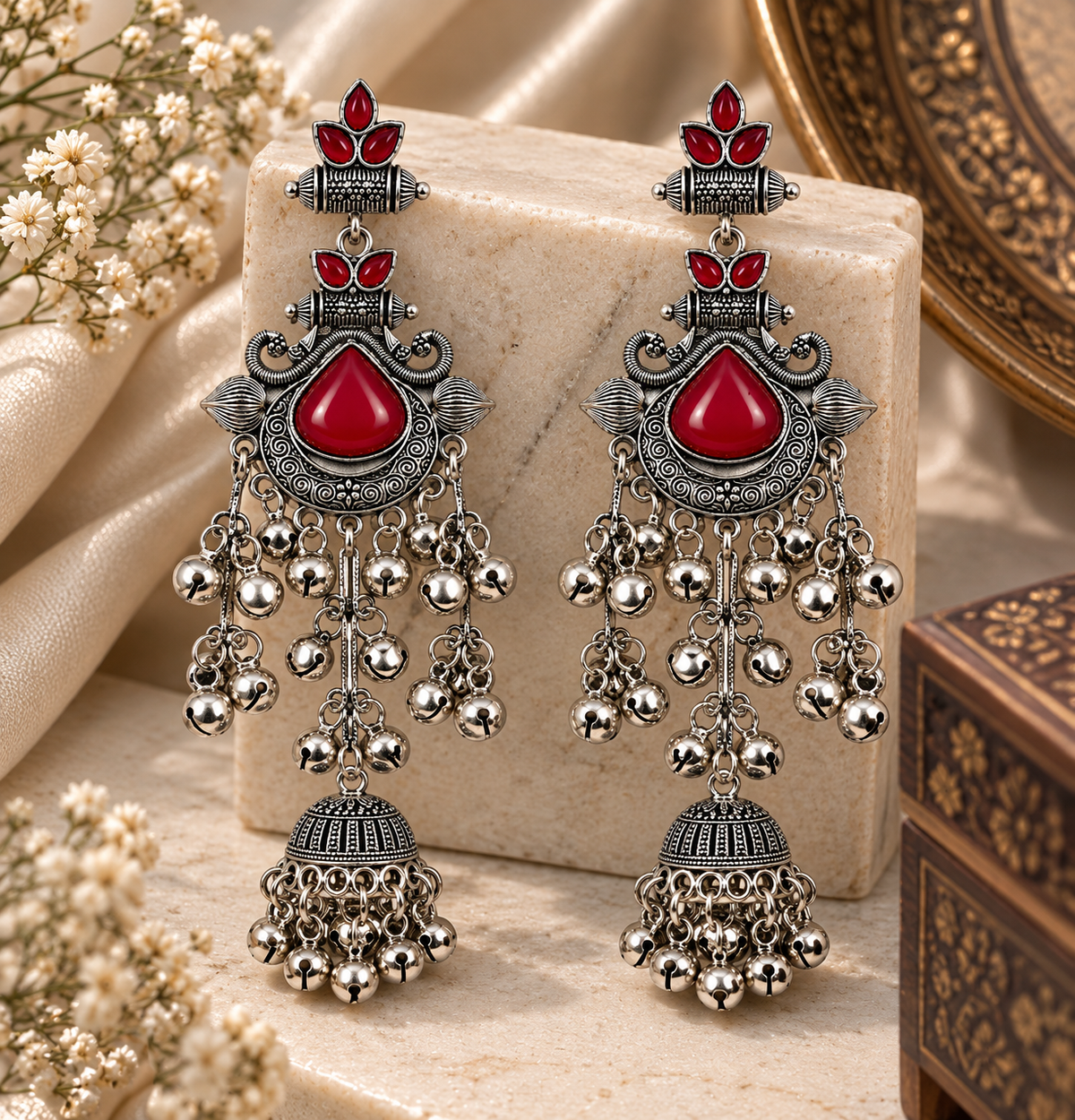 Premium Oxidized Silver-Toned Red Stone Chandelier Jhumka Earrings