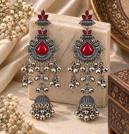 Premium Oxidized Silver-Toned Red Stone Chandelier Jhumka Earrings