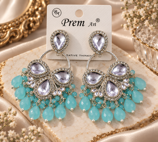 Premium Silver-Toned Aqua Blue Crystal & Pearl Chandelier Earrings