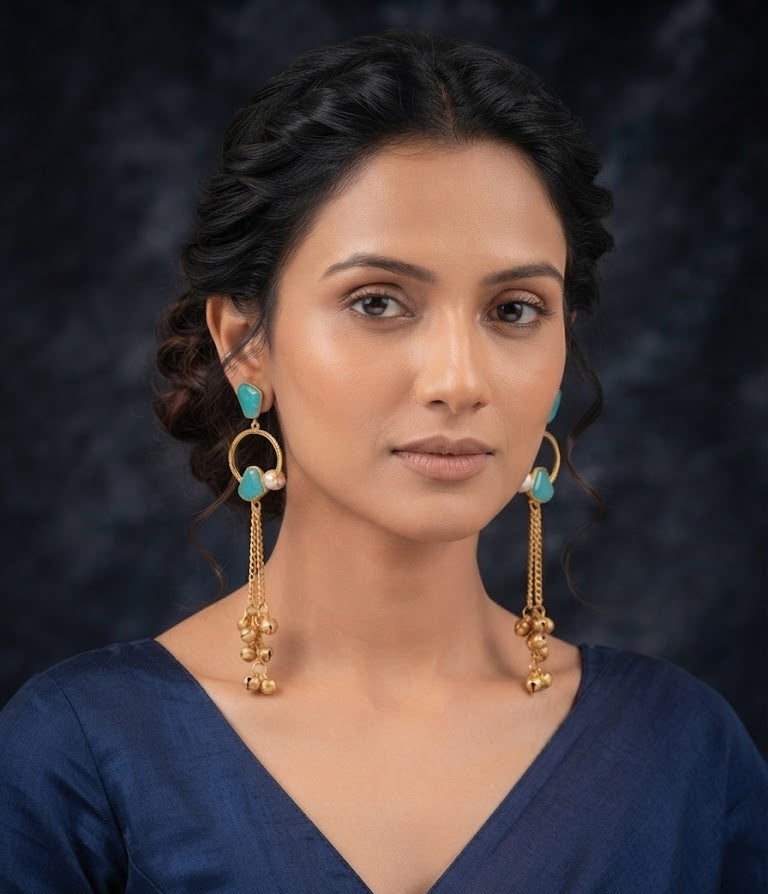 Premium Turquoise Stone Golden Hoop Chain Jhumka Earrings